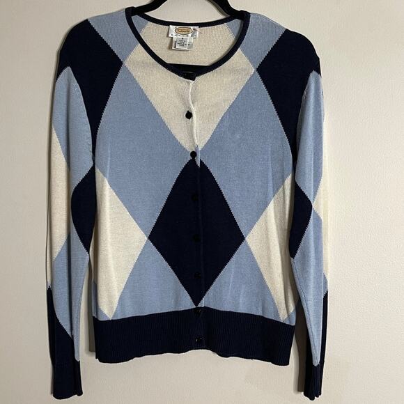 Talbots Argyle Cardigan & Sleeveless Silk Sweater Set Blue White One Size - Picture 1 of 7